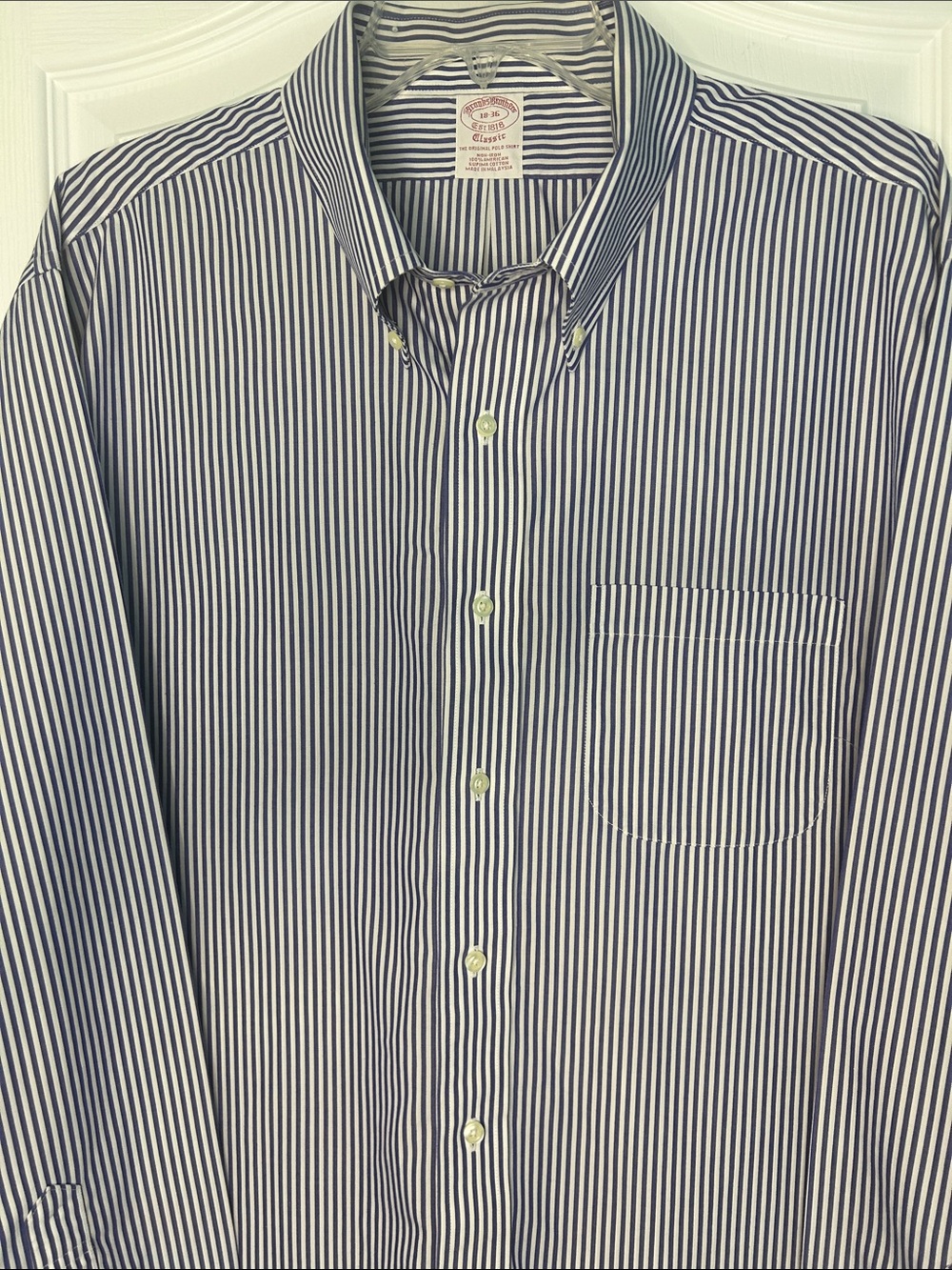 Brooks Brothers Men’s Button Down Dress Shirt White With Navy Stripes